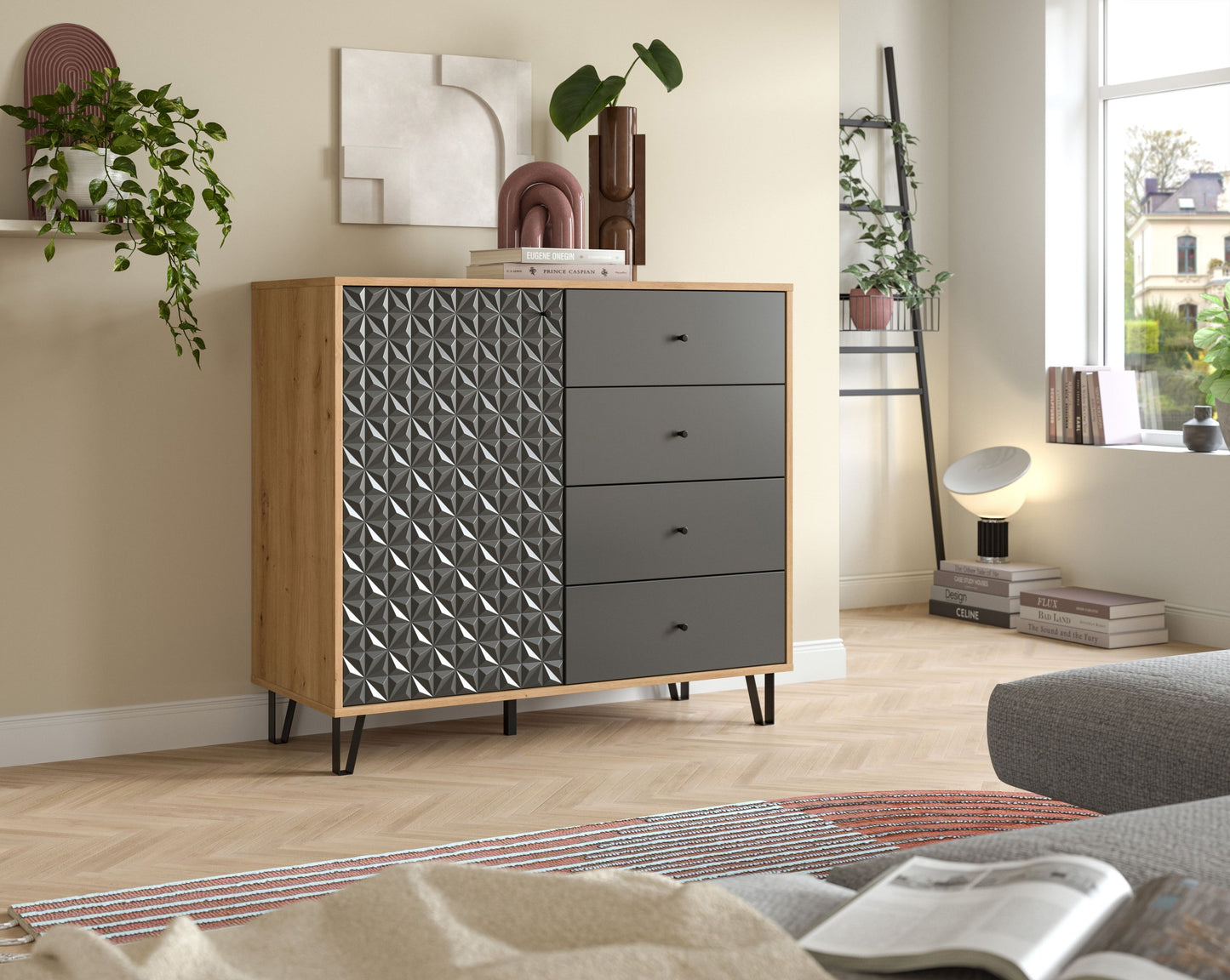 Buffet haut PRISMA (L/H/P : env. 110/96/40 cm) en imitation chêne Artisan/anthracite mat