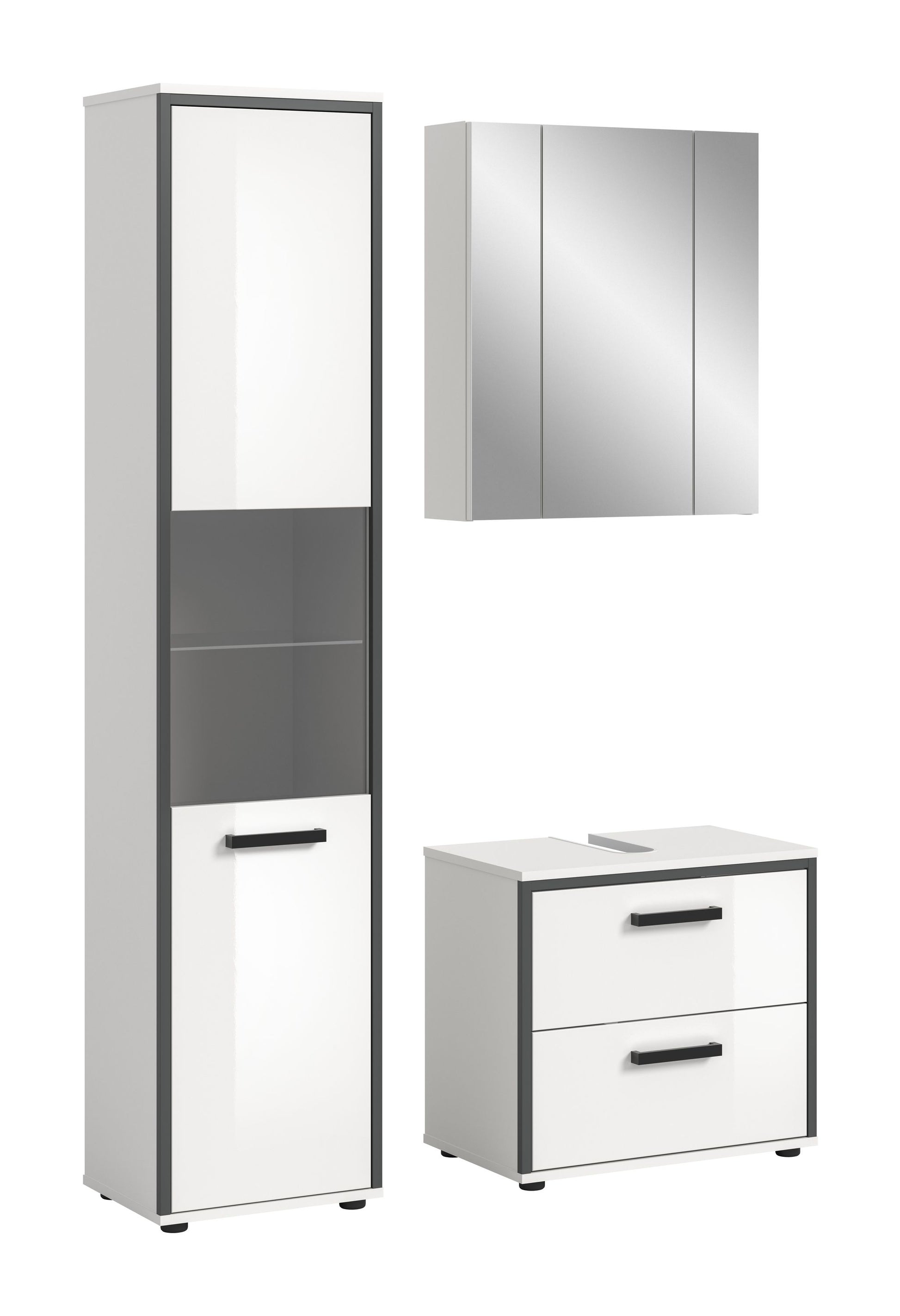 Schmales Badmöbelset (3-tlg.) in Weiß-Hochglanz: Hochschrank, Spiegelschrank, Unterschrank
