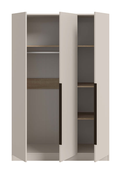 3-türiger Schrank in hellem Beige, offene Türen mit Einlegeböden und Fächern