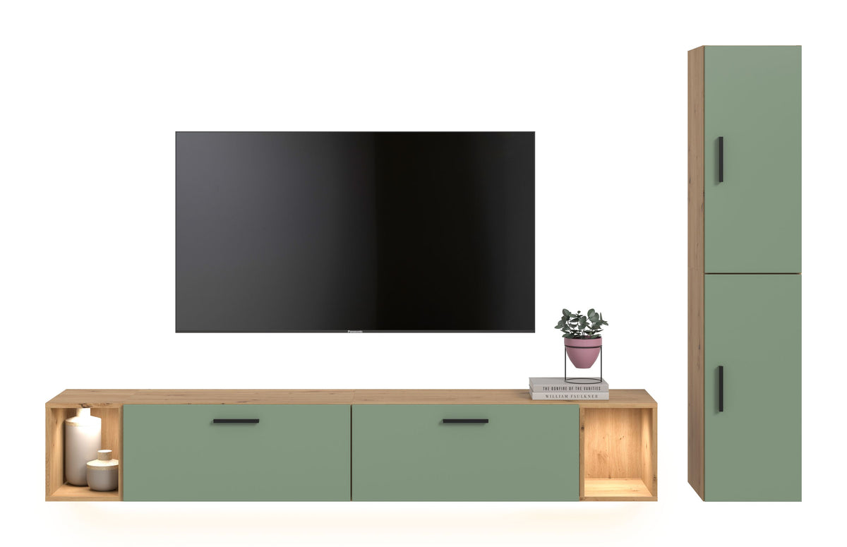 TV-Lowboard mit Beleuchtung, Artisan-Oak und Smoke-Green, zwei Türen und offene Seitenfächer