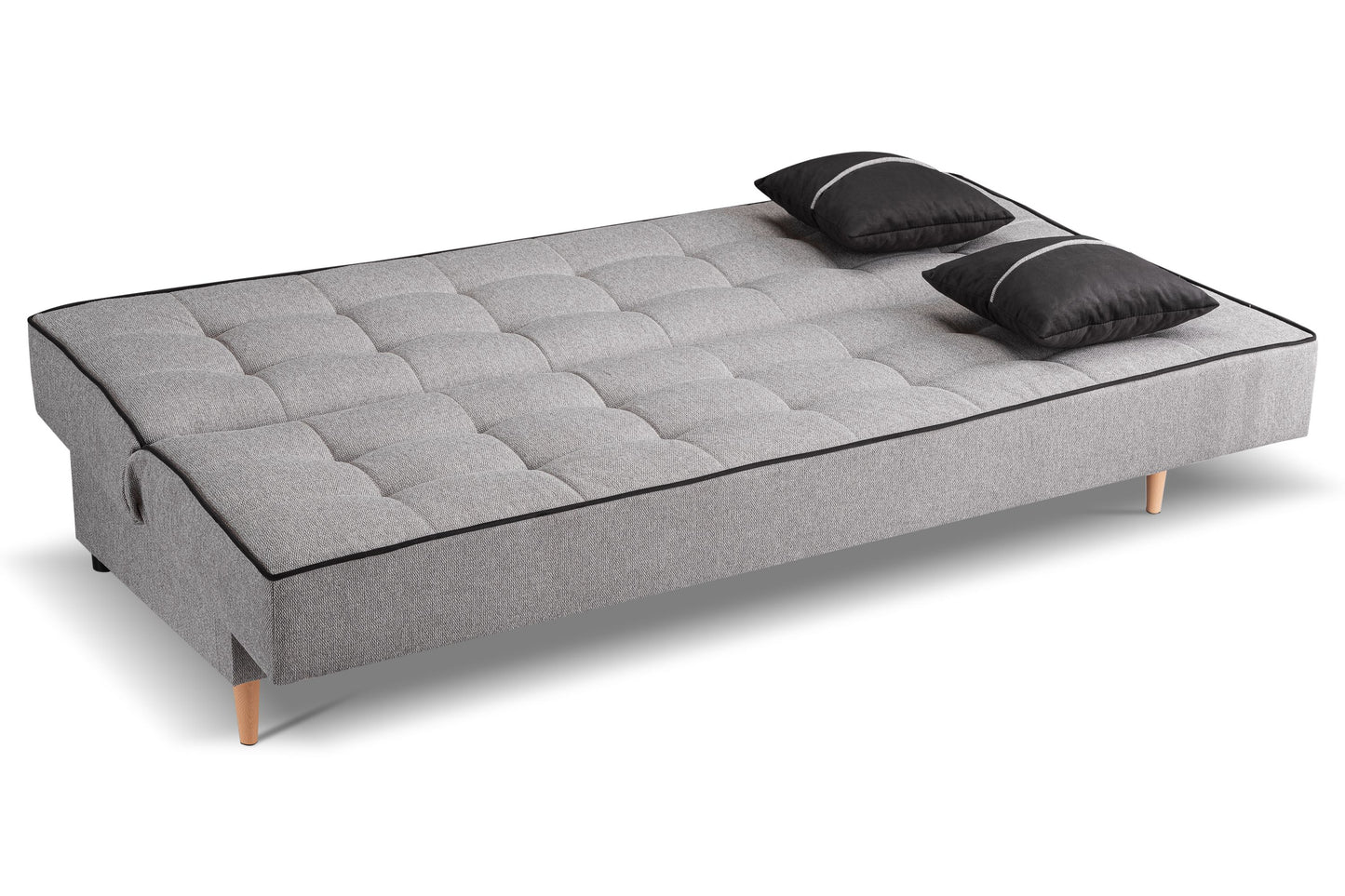 Schlafsofa mit Schlaffunktion, grauer Stoffbezug und zwei Kopfkissen