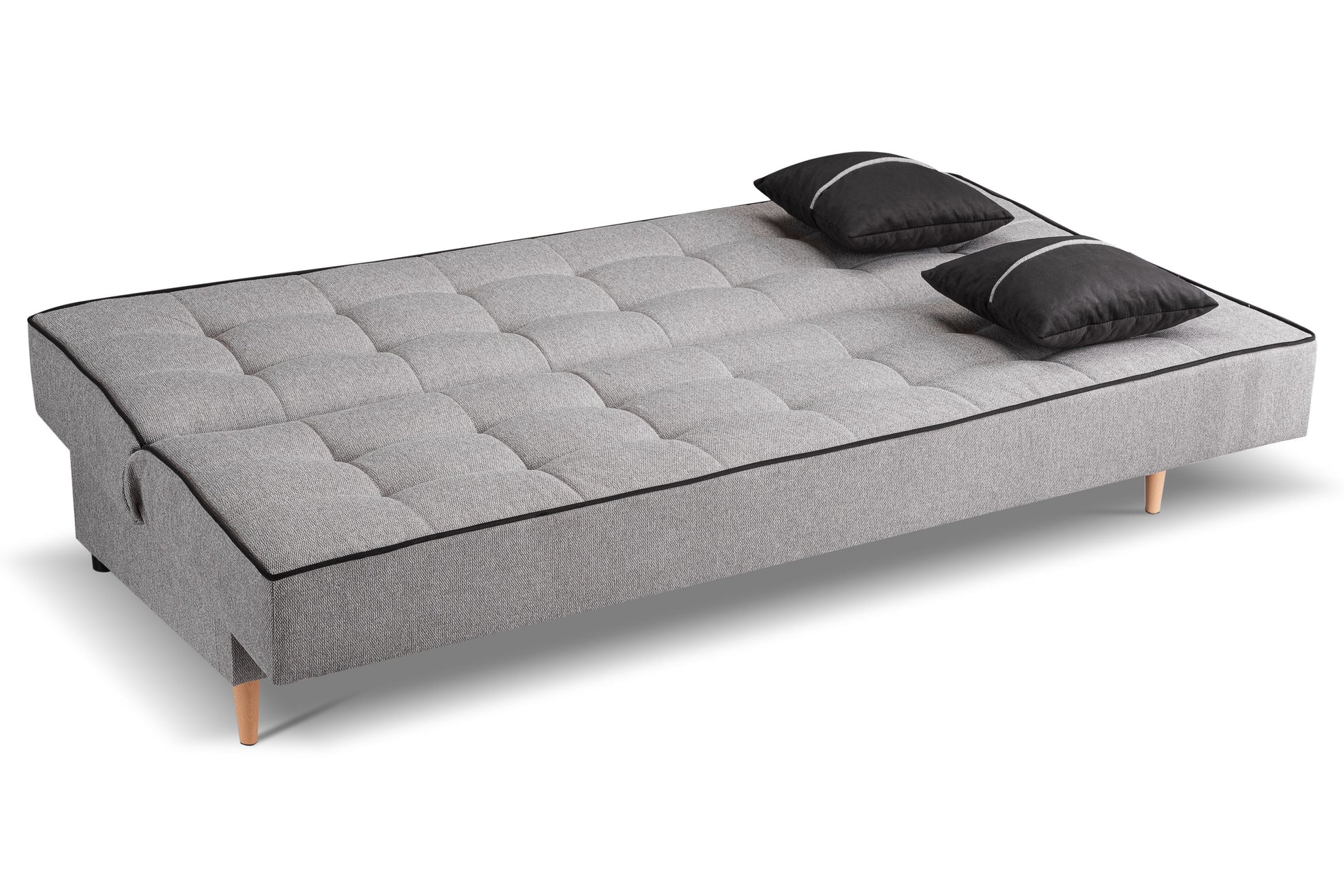 Schlafsofa mit Schlaffunktion, grauer Stoffbezug und zwei Kopfkissen