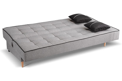 Schlafsofa mit Schlaffunktion, grauer Stoffbezug und zwei Kopfkissen