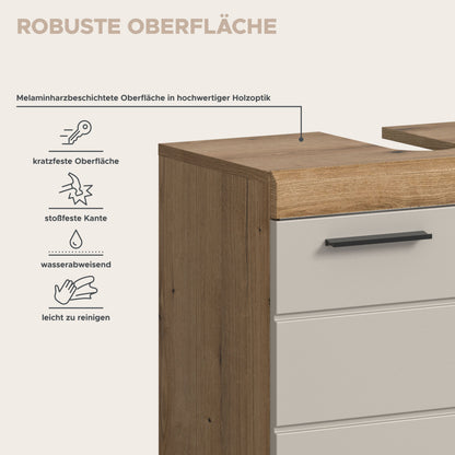 Holzoptik-Schrankfront mit melaminharzbeschichteter Fläche und schwarzem Griff