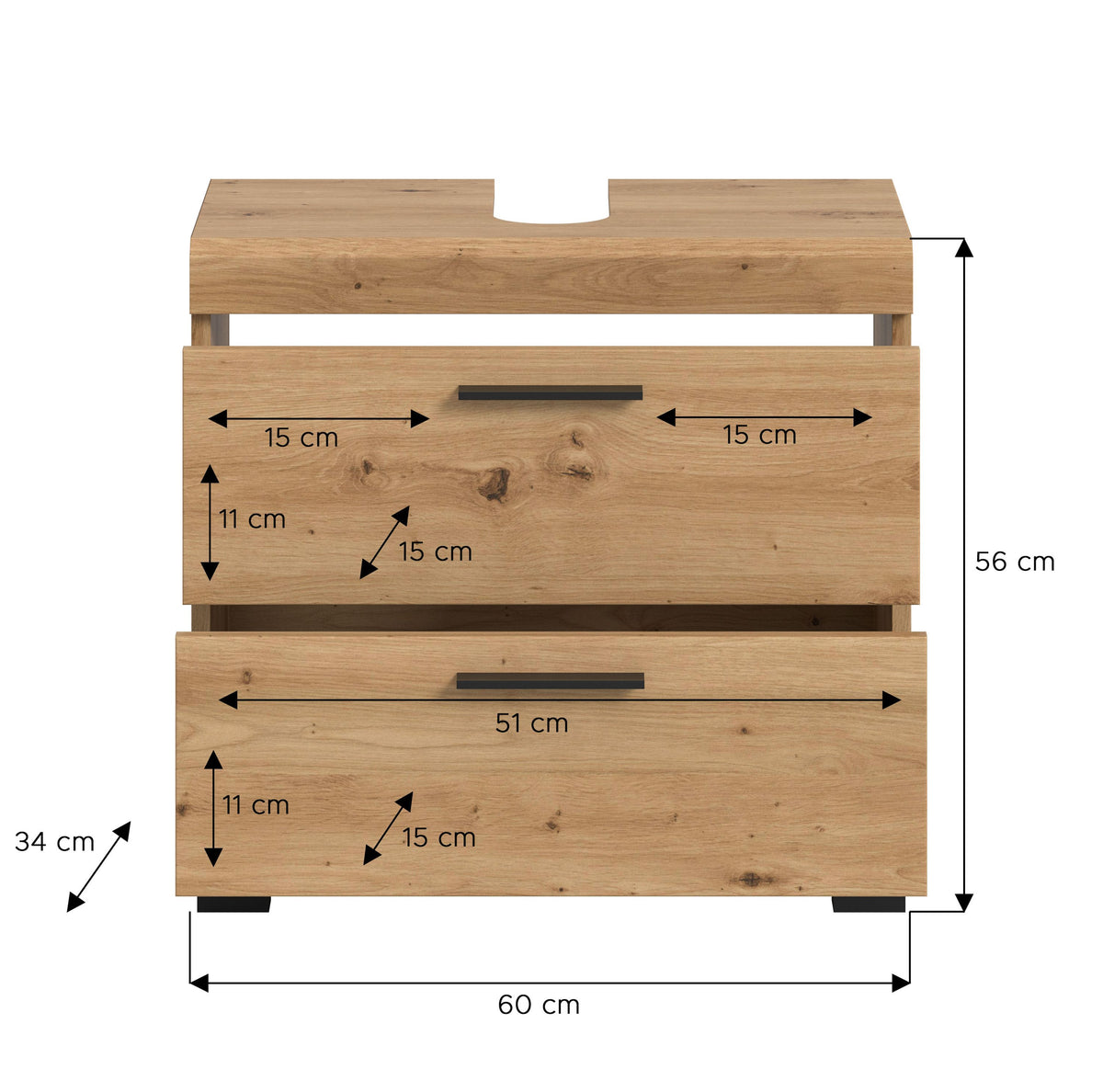 Waschbeckenunterschrank Eichenoptik, Maße 60×56×34 cm, 2 Schubladen, Griffleisten