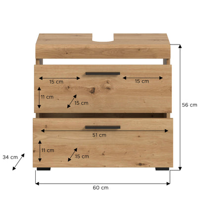 Waschbeckenunterschrank Eichenoptik, Maße 60×56×34 cm, 2 Schubladen, Griffleisten