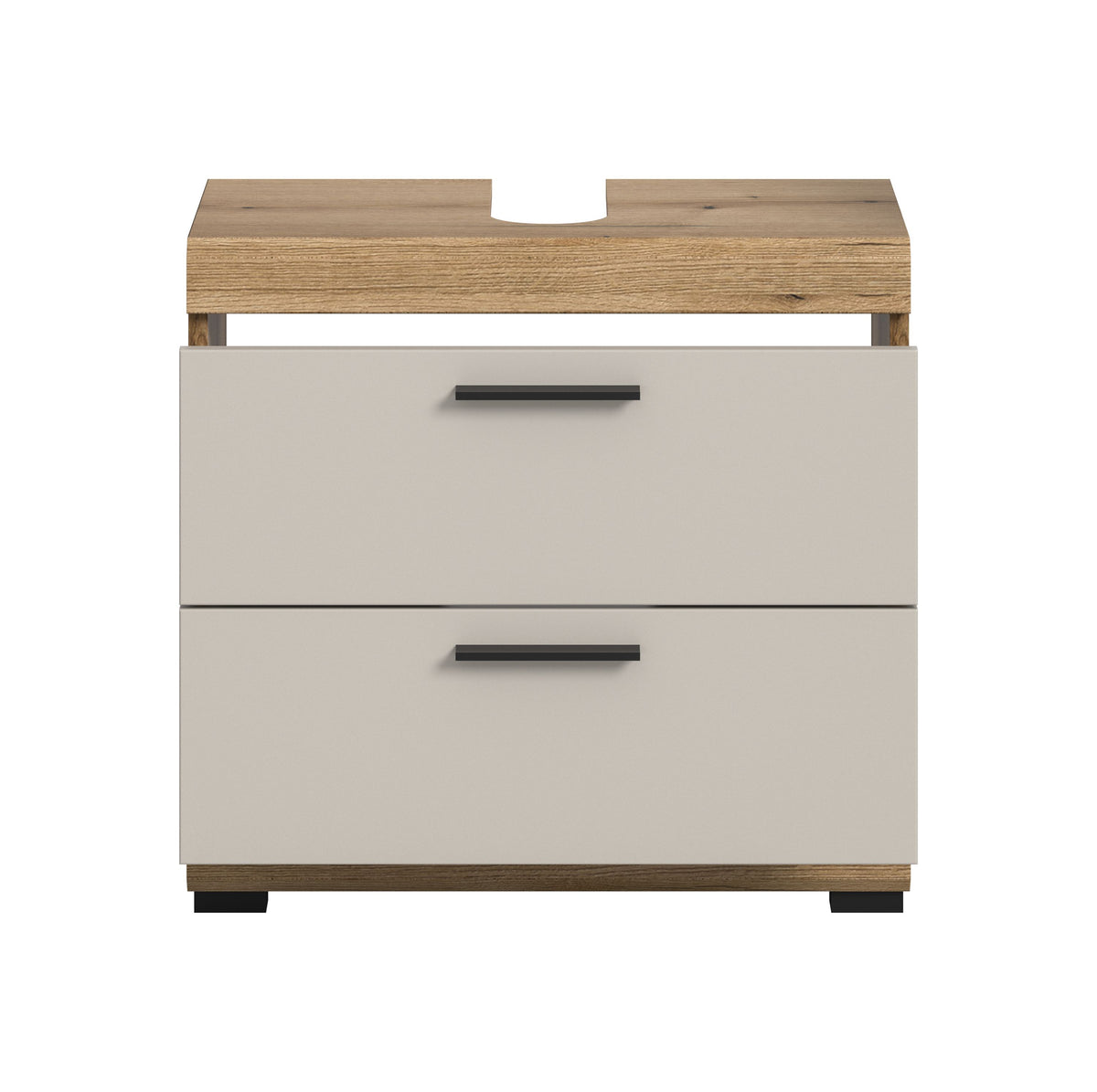 Waschbeckenunterschrank 60 cm mit zwei weißen Fronten, schwarzen Griffen und Holzrahmen