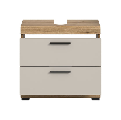 Waschbeckenunterschrank 60 cm mit zwei weißen Fronten, schwarzen Griffen und Holzrahmen