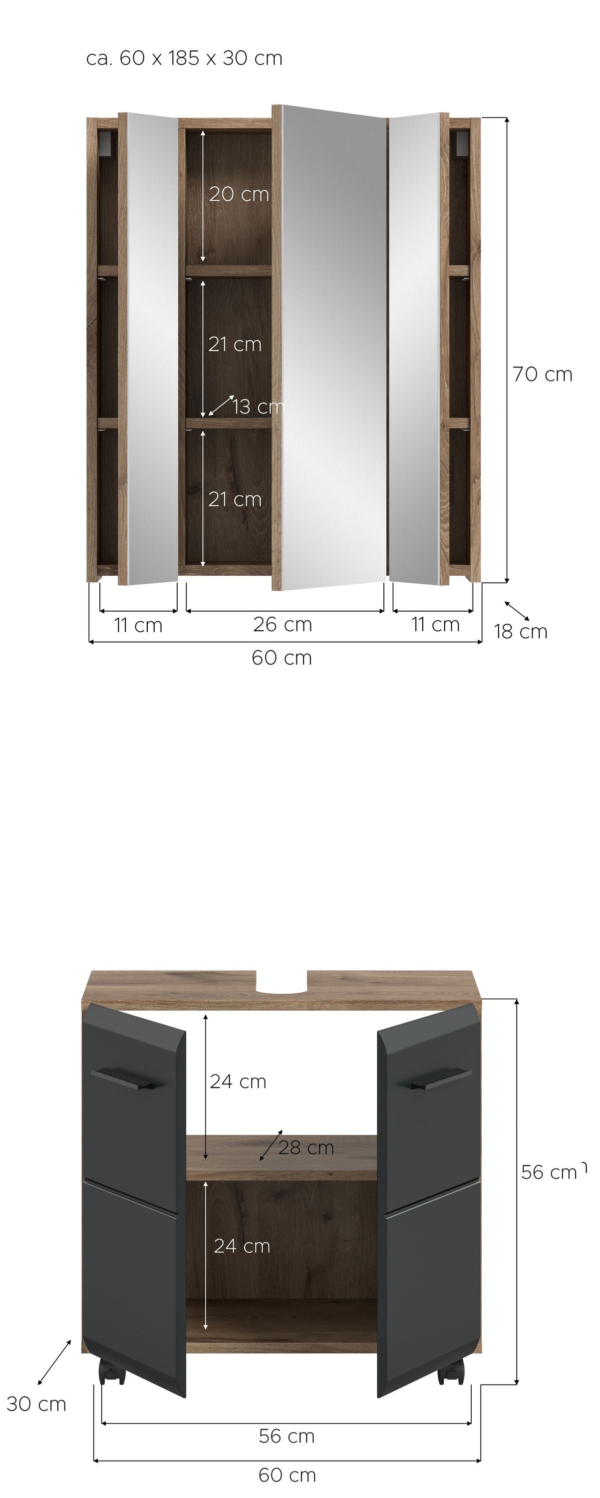 Ensemble de salle de bain sur roulettes ICE (L/H/P : env. 60/185/30 cm) imitation chêne Nox/noir mat