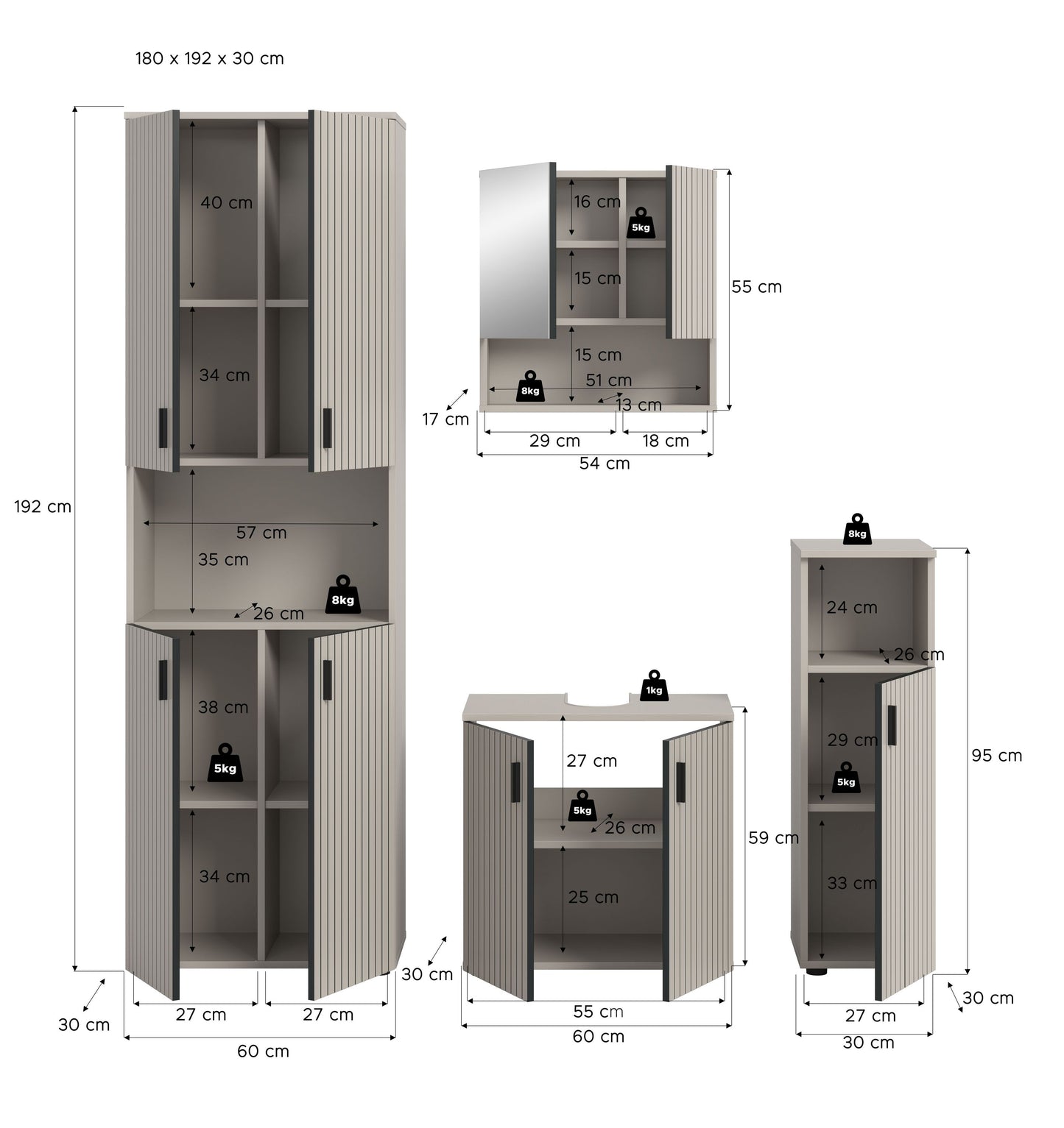 MONE Bathroom Furniture Set (W/H/D: approx. 180/192/30 cm) in Cashmere/Cashmere