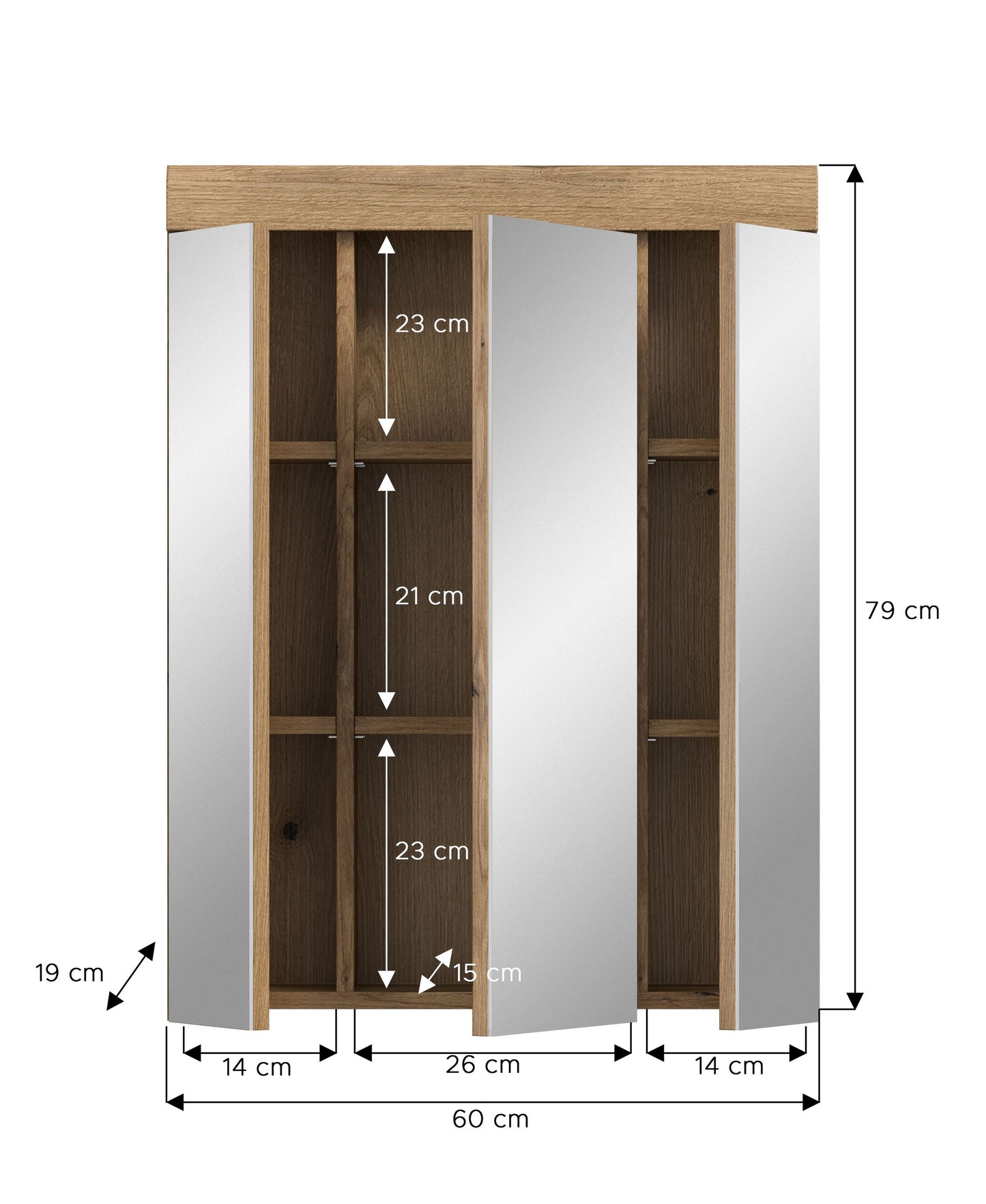 Badspiegelschrank 60 cm breit, drei Spiegeltüren, Innenfächer mit Höhenangaben