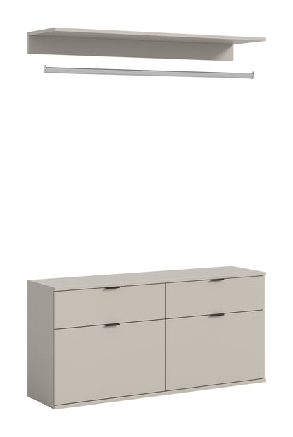 Garderobenset: Schrank mit zwei Türen und drei Schubladen, helles Greige-Finish