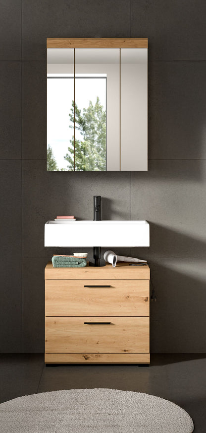 Waschtischunterschrank mit Schubladen und Spiegelschrank, helle Holzdekorfronten