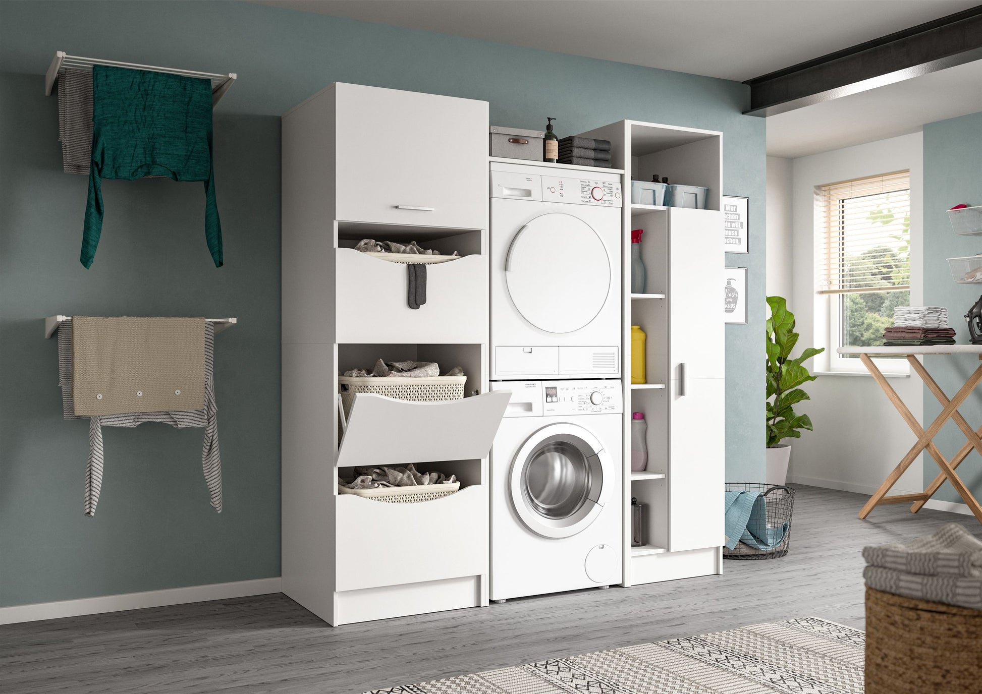 Waschmaschinenschrank mit zwei Frontladern und offenen Fächern, weiß
