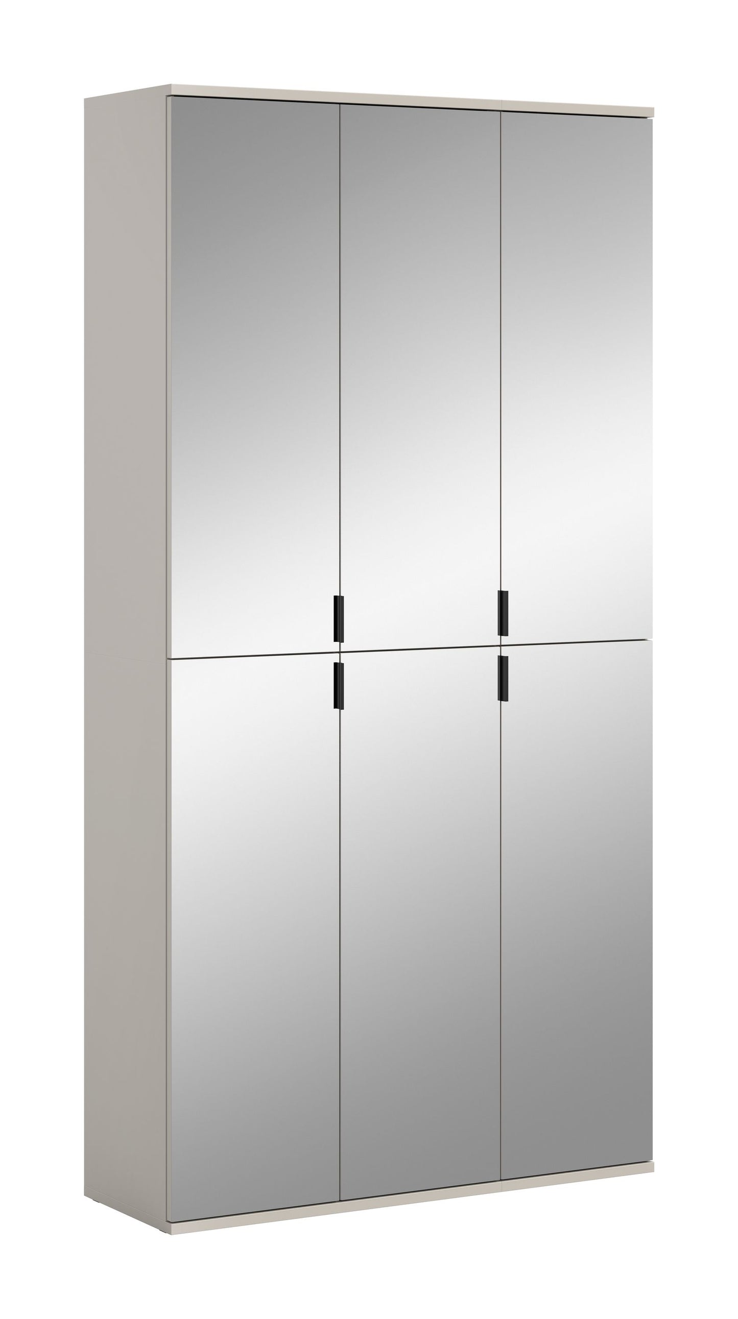 Spiegelschrank mit vier Spiegeltüren und schwarzen Griffen