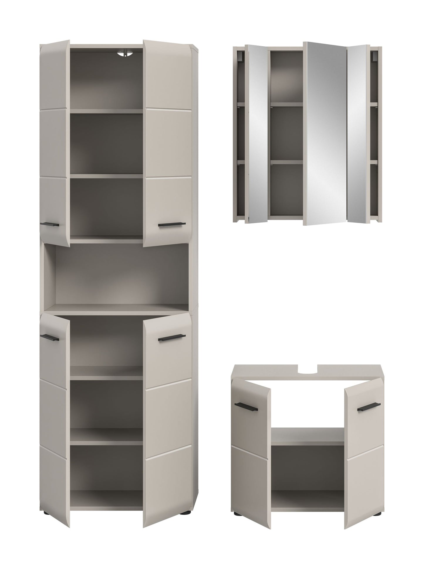 Badezimmer-Set in weiß: hoher Schrank mit Fächern, Spiegelschrank und Unterschrank