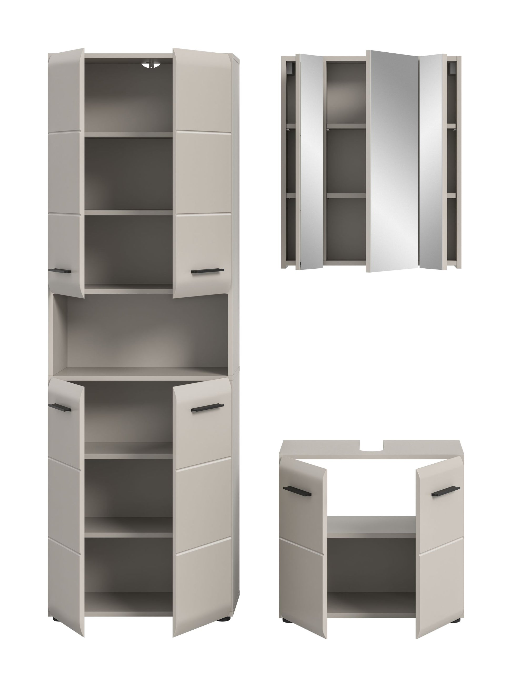 Badezimmer-Set in weiß: hoher Schrank mit Fächern, Spiegelschrank und Unterschrank