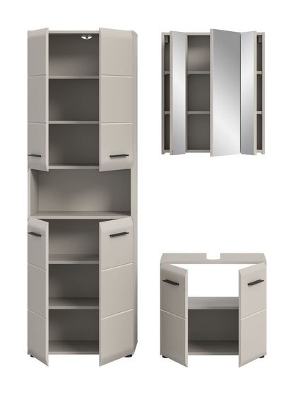 Badezimmer-Set in weiß: hoher Schrank mit Fächern, Spiegelschrank und Unterschrank