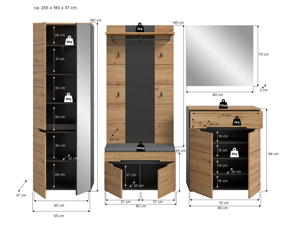 CANU wardrobe set incl. seat cushion (W/H/D: approx. 255/190/37 cm) in Basalt grey/Smoke Green
