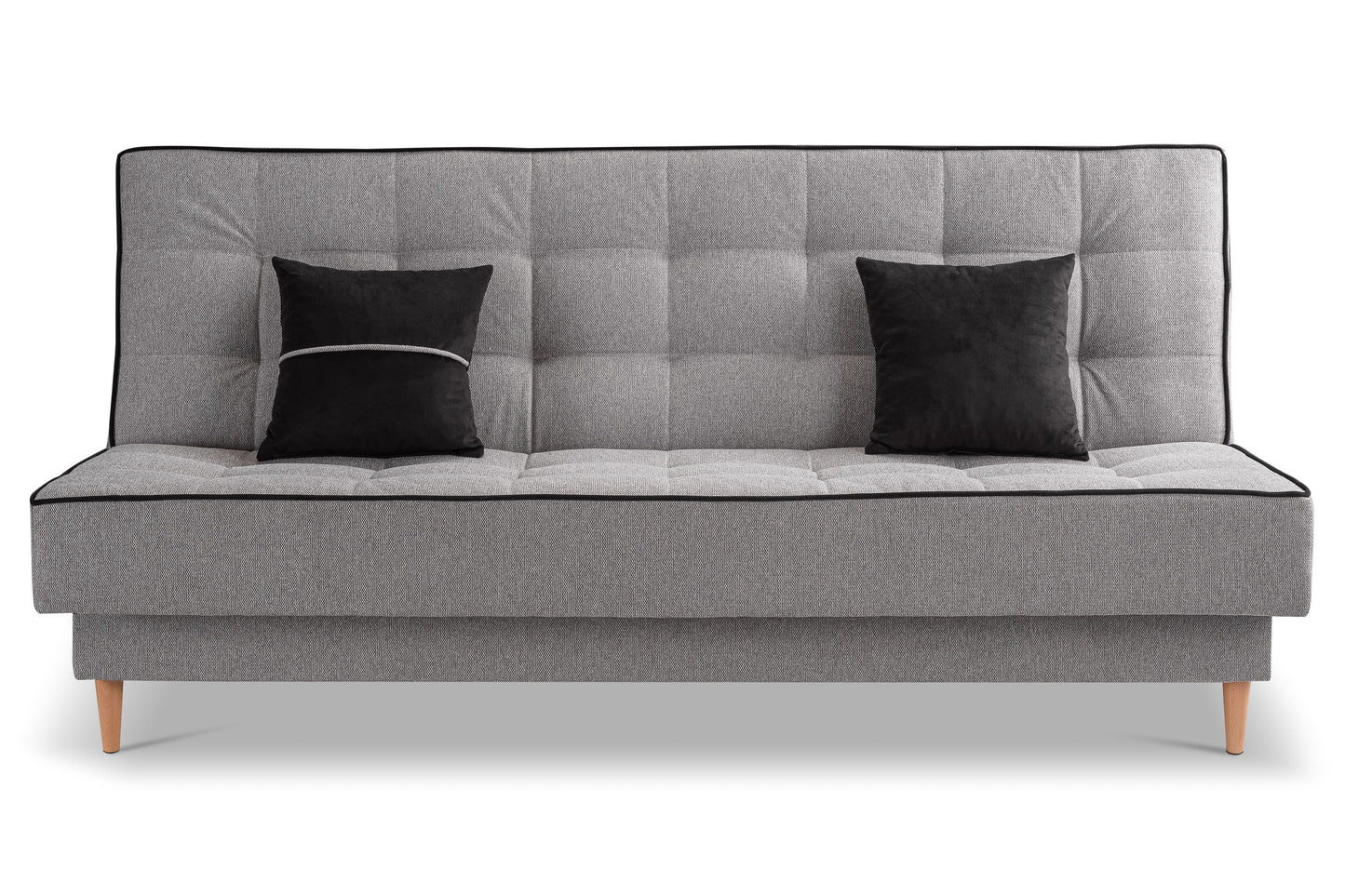 Schlafsofa mit Schlaffunktion, hellgrauer Stoff, zwei schwarze Kissen, gepolsterte Rückenlehne