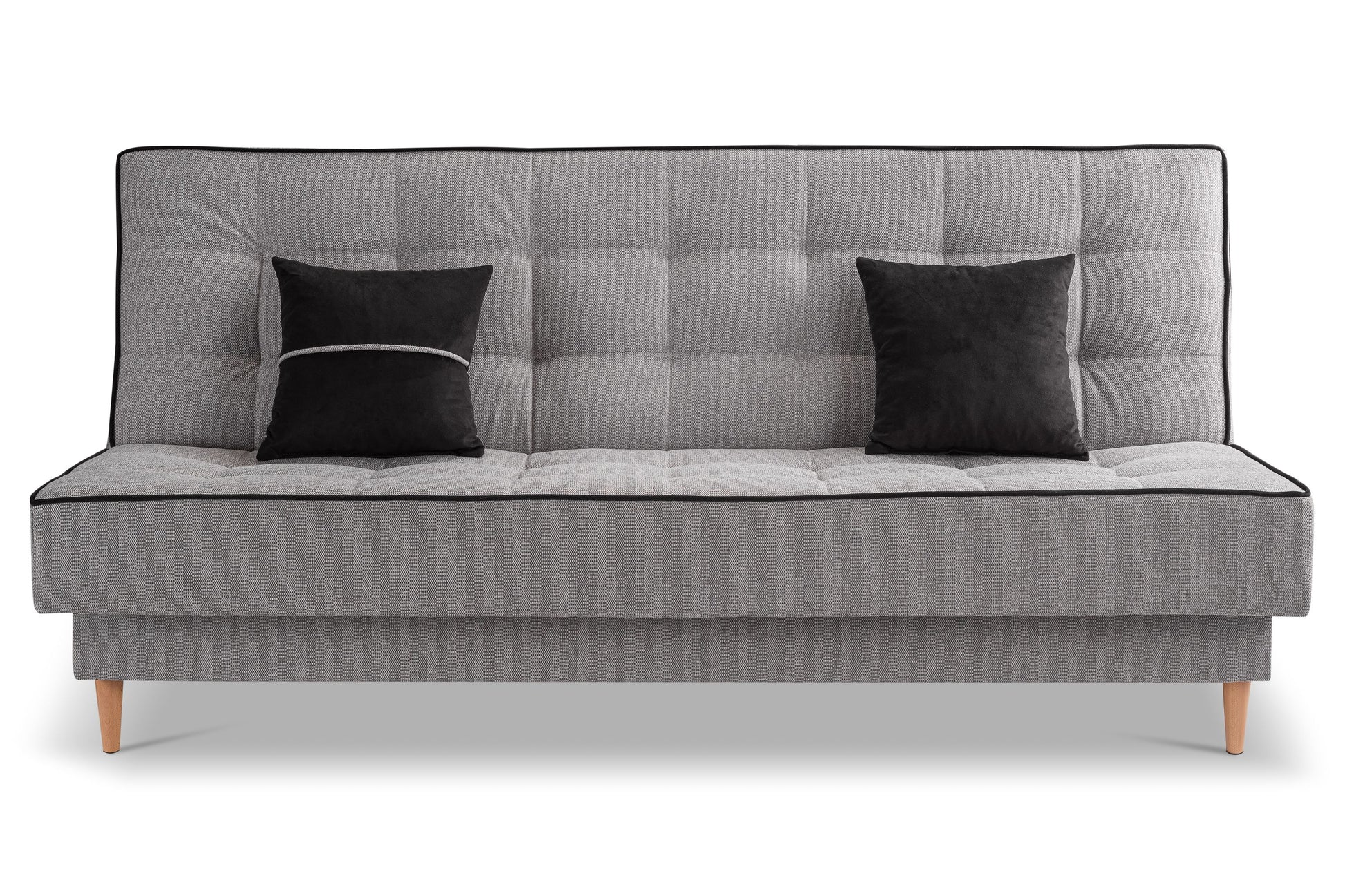 Schlafsofa mit Schlaffunktion, hellgrauer Stoff, zwei schwarze Kissen, gepolsterte Rückenlehne