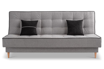 Schlafsofa mit Schlaffunktion, hellgrauer Stoff, zwei schwarze Kissen, gepolsterte Rückenlehne