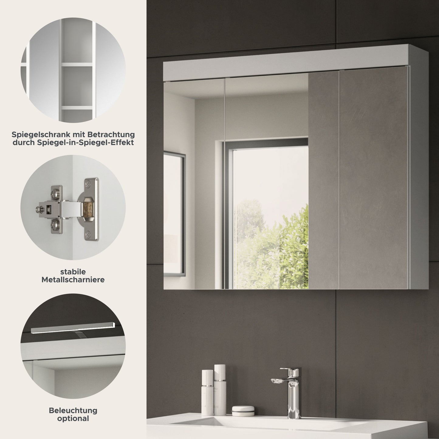 Viana Spiegelschrank (B/H/T: 80x70x18 cm) in Spiegelglas und Weiß