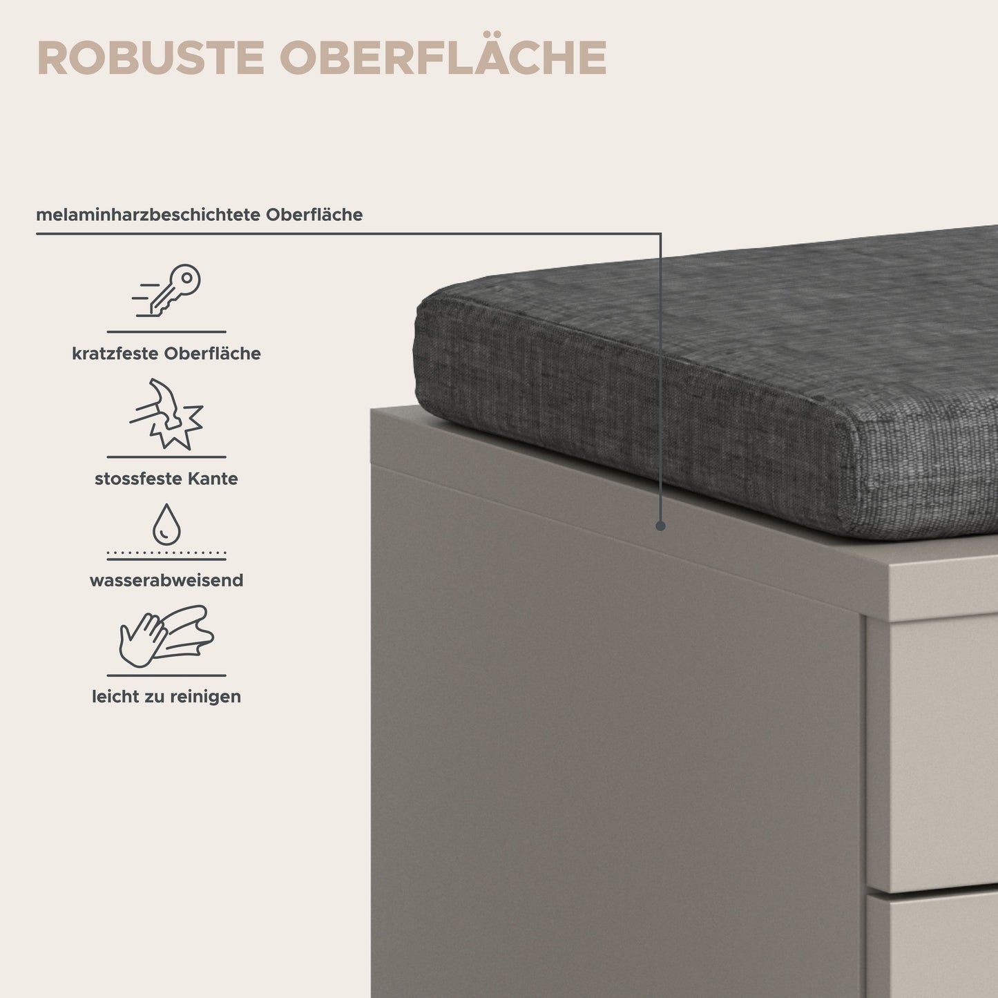 Garderoben-Sitzbank mit grauem Sitzkissen, Holzrand und weißem Korpus im Detail