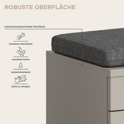 Garderoben-Sitzbank mit grauem Sitzkissen, Holzrand und weißem Korpus im Detail