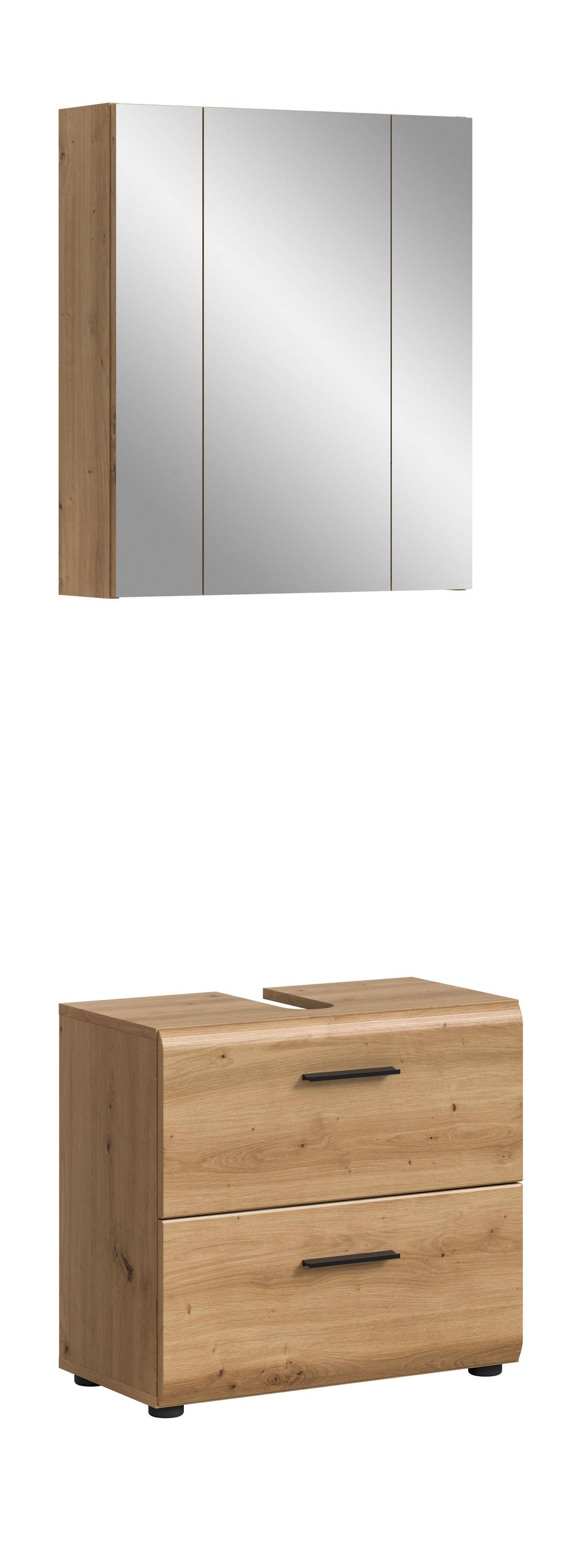 Badmöbelset mit Spiegelschrank und Waschtischunterschrank, geöltes Holzdekor/hellgrau, 2 Schübe