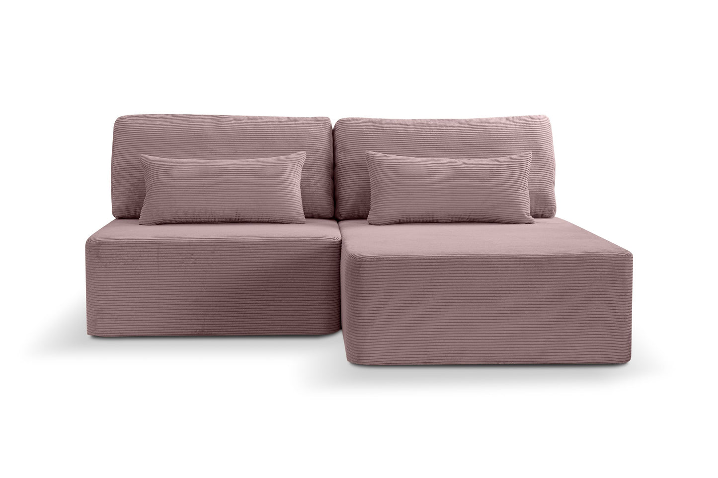 Schlafsofa in Altrosa mit Cordbezug, zwei Rückenkissen und zwei großen Sitzquadern