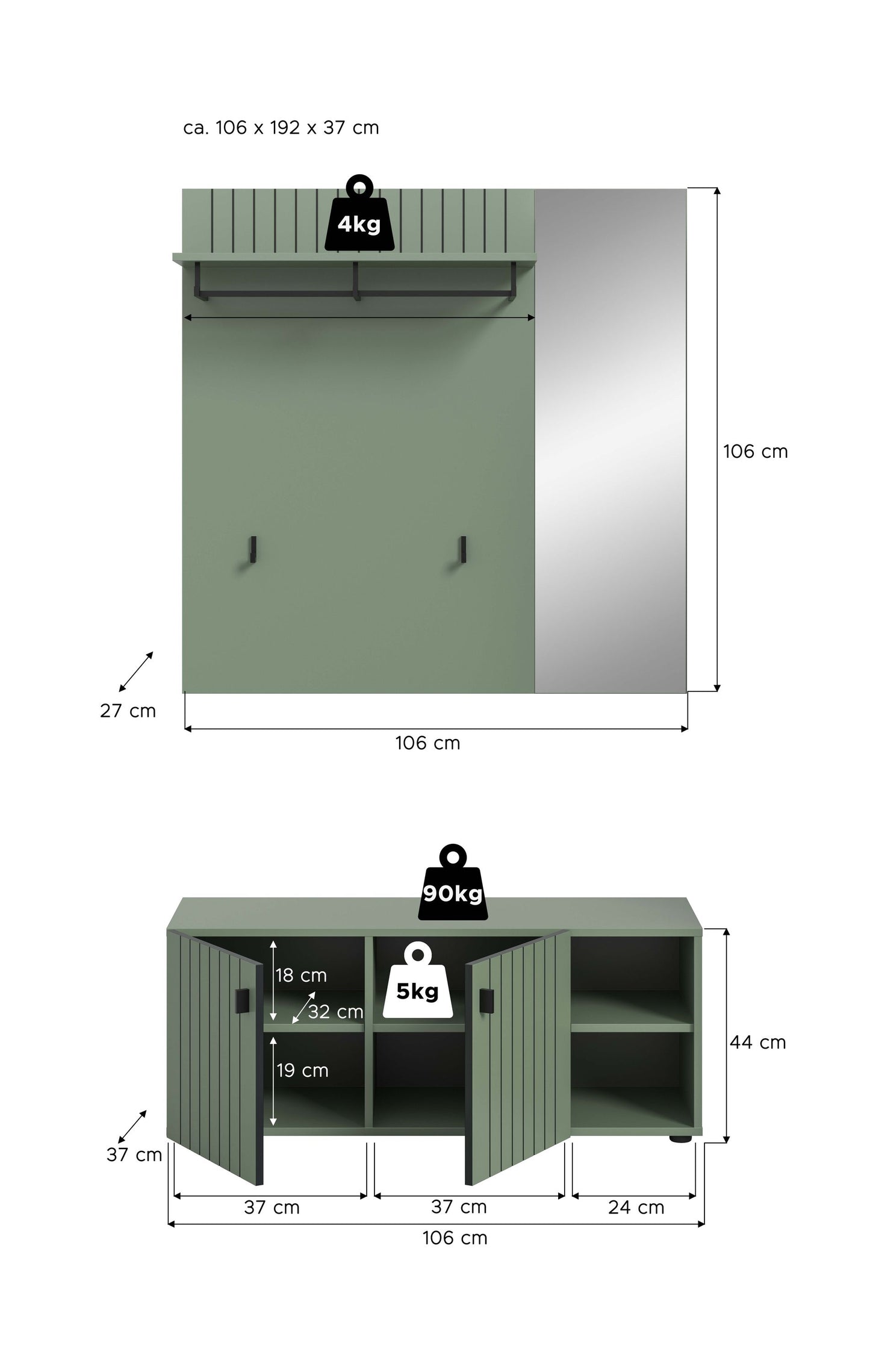 Ensemble de penderie STATION (L/H/P : env. 106/192/37 cm) en vert fumé/vert fumé