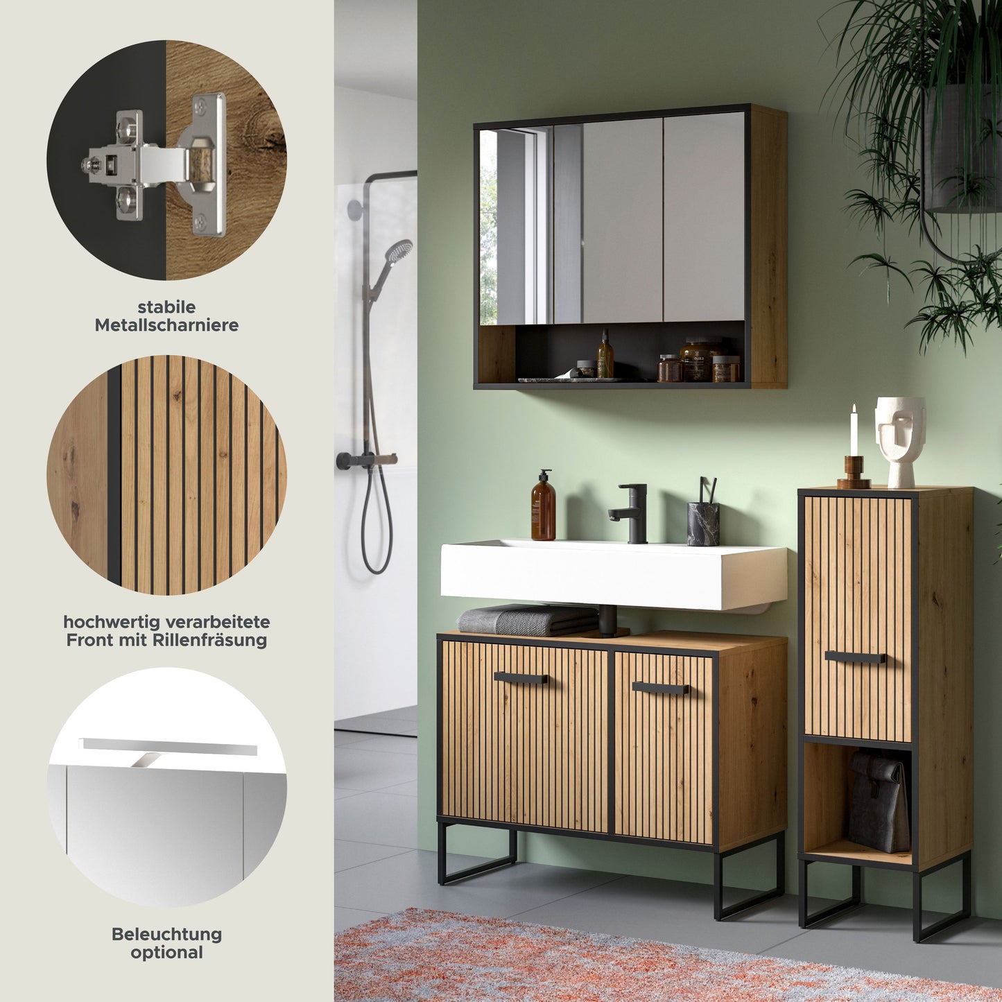 Badezimmermöbel-Set mit Metallscharnieren und gerillten Fronten an Türen