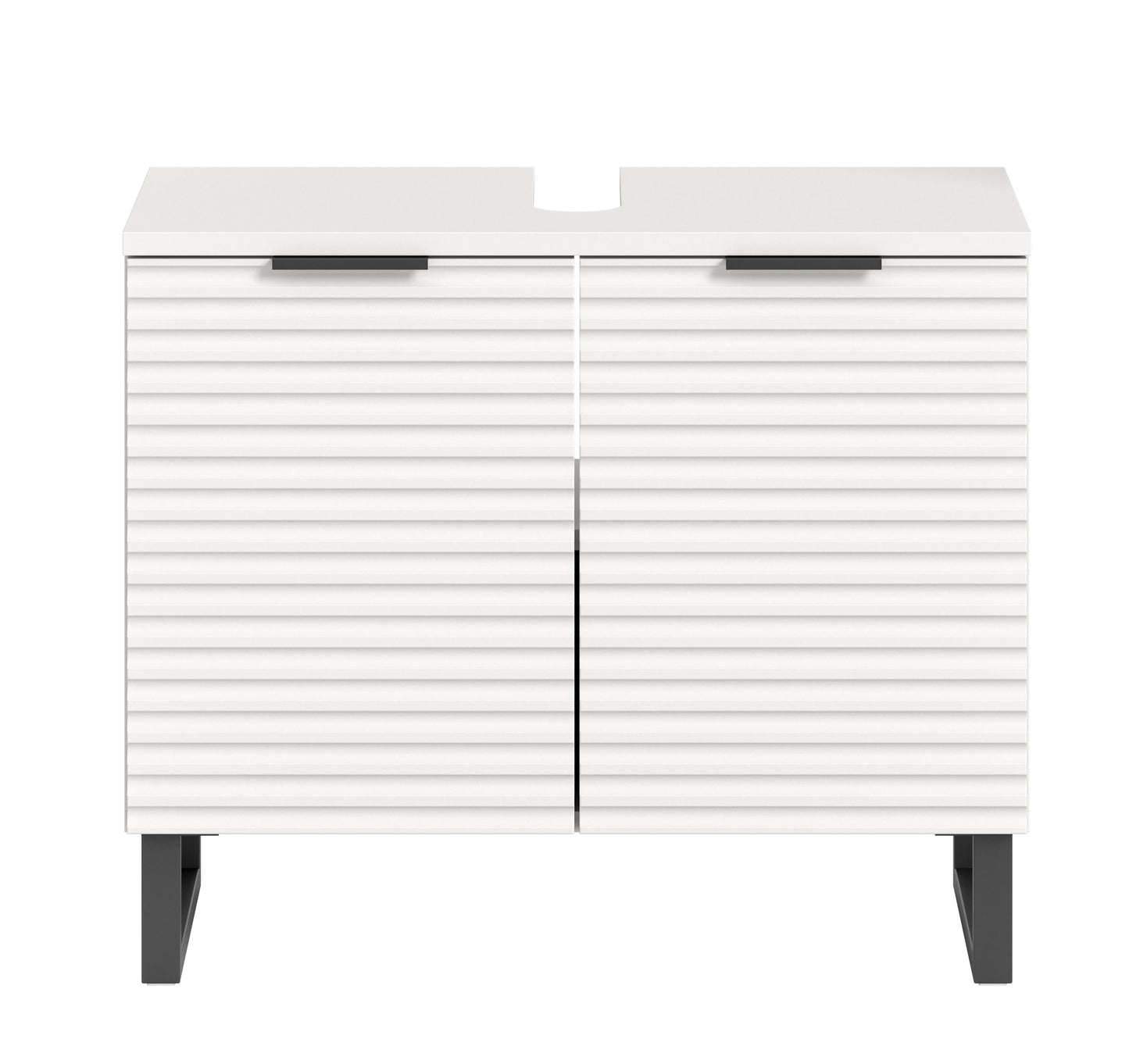 Waschbeckenunterschrank 70 cm breit, weiß mit 2 Flügeltüren, Lamellenfront und Griffen