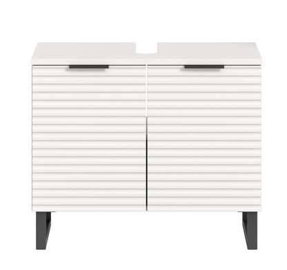 Waschbeckenunterschrank 70 cm breit, weiß mit 2 Flügeltüren, Lamellenfront und Griffen