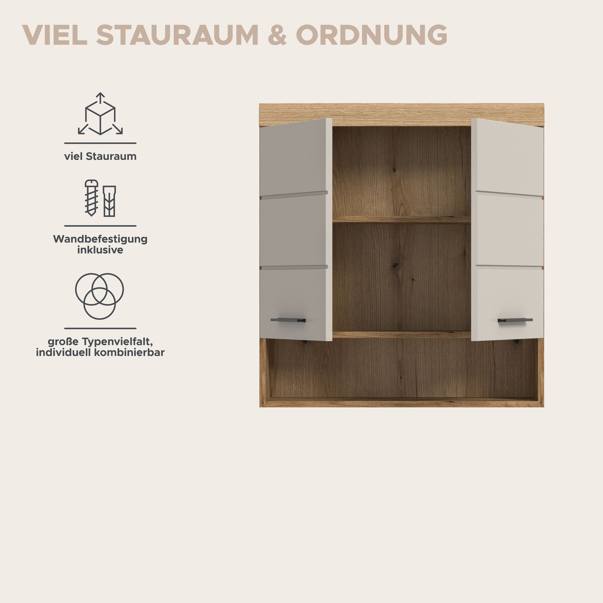 Badezimmerschrank mit großen offenen Fächern, Holzdekor innen, weiße Fronttüren