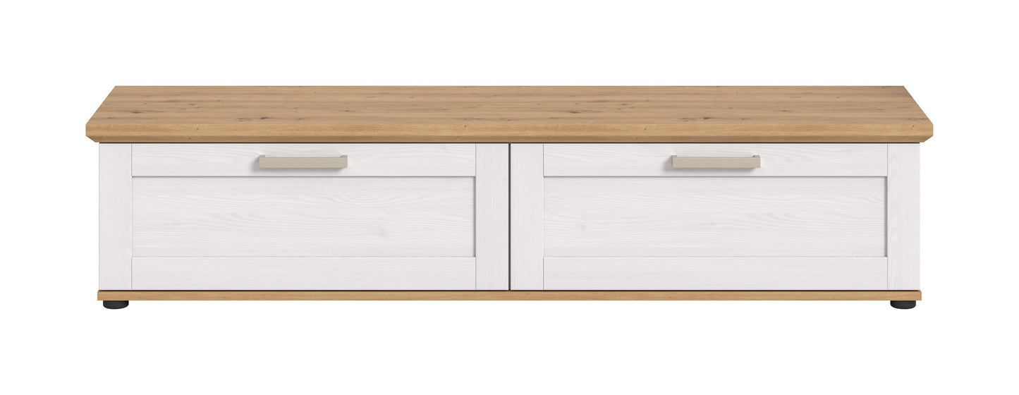 TV-Lowboard Landhausstil mit hellem Holzoberteil und zwei Frontklappen in Weiß