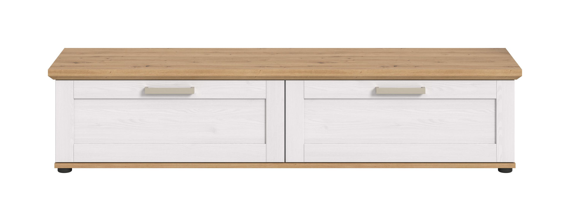 TV-Lowboard Landhausstil mit hellem Holzoberteil und zwei Frontklappen in Weiß