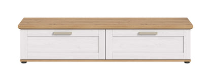 TV-Lowboard Landhausstil mit hellem Holzoberteil und zwei Frontklappen in Weiß