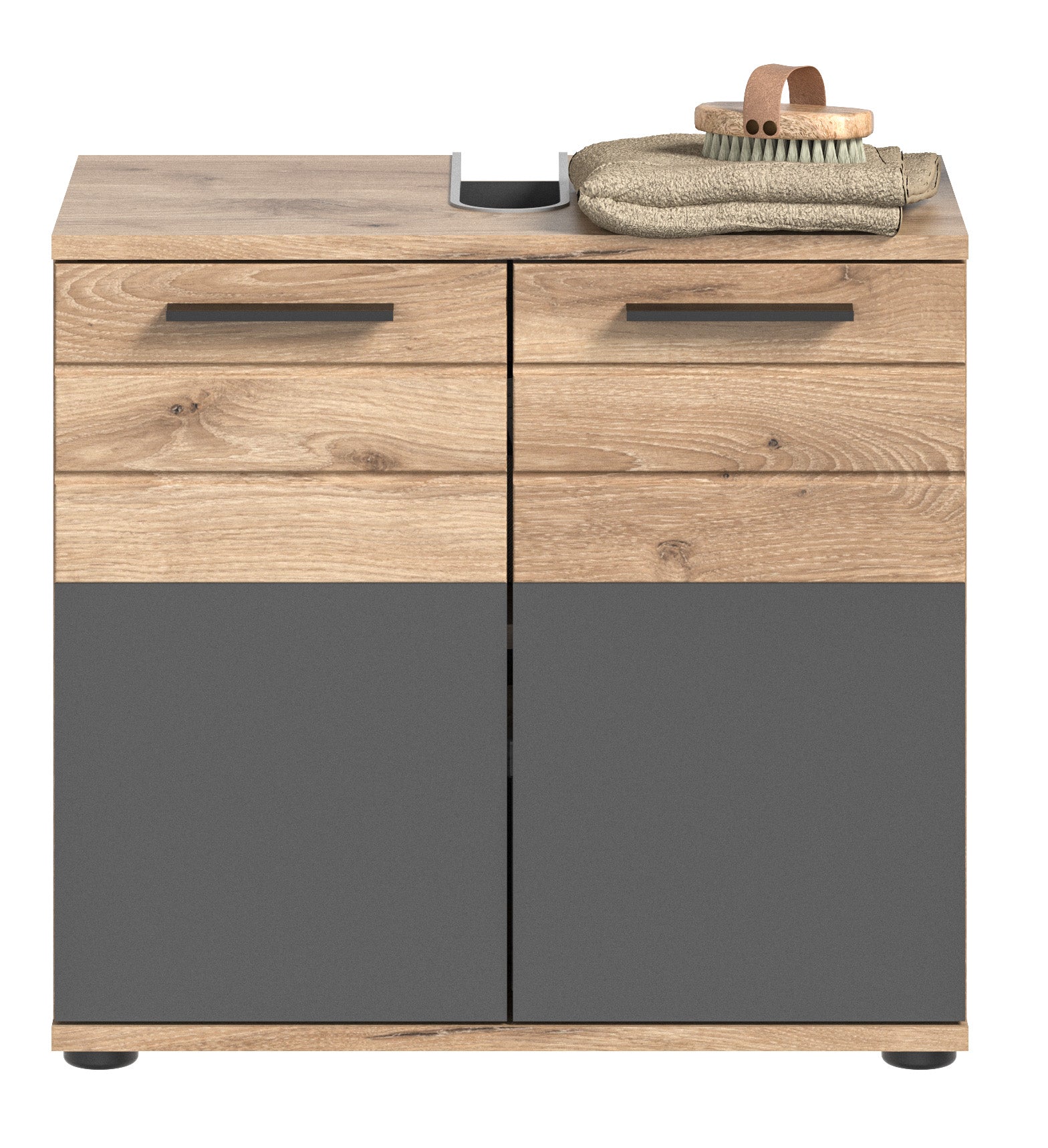 Waschtischunterschrank mit zwei Schubladen und grauer Front in Eiche-/Grauoptik