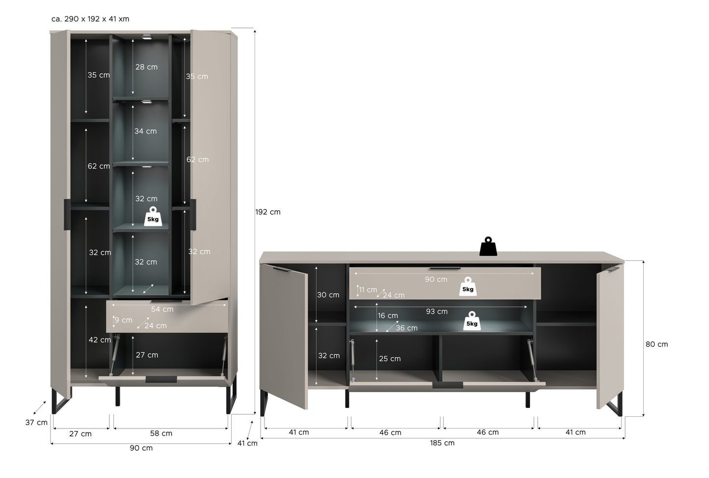 Wohnwand-Set 2-tlg. in hellgrau mit Maßen: Vitrine und Sideboard mit offenen Fächern