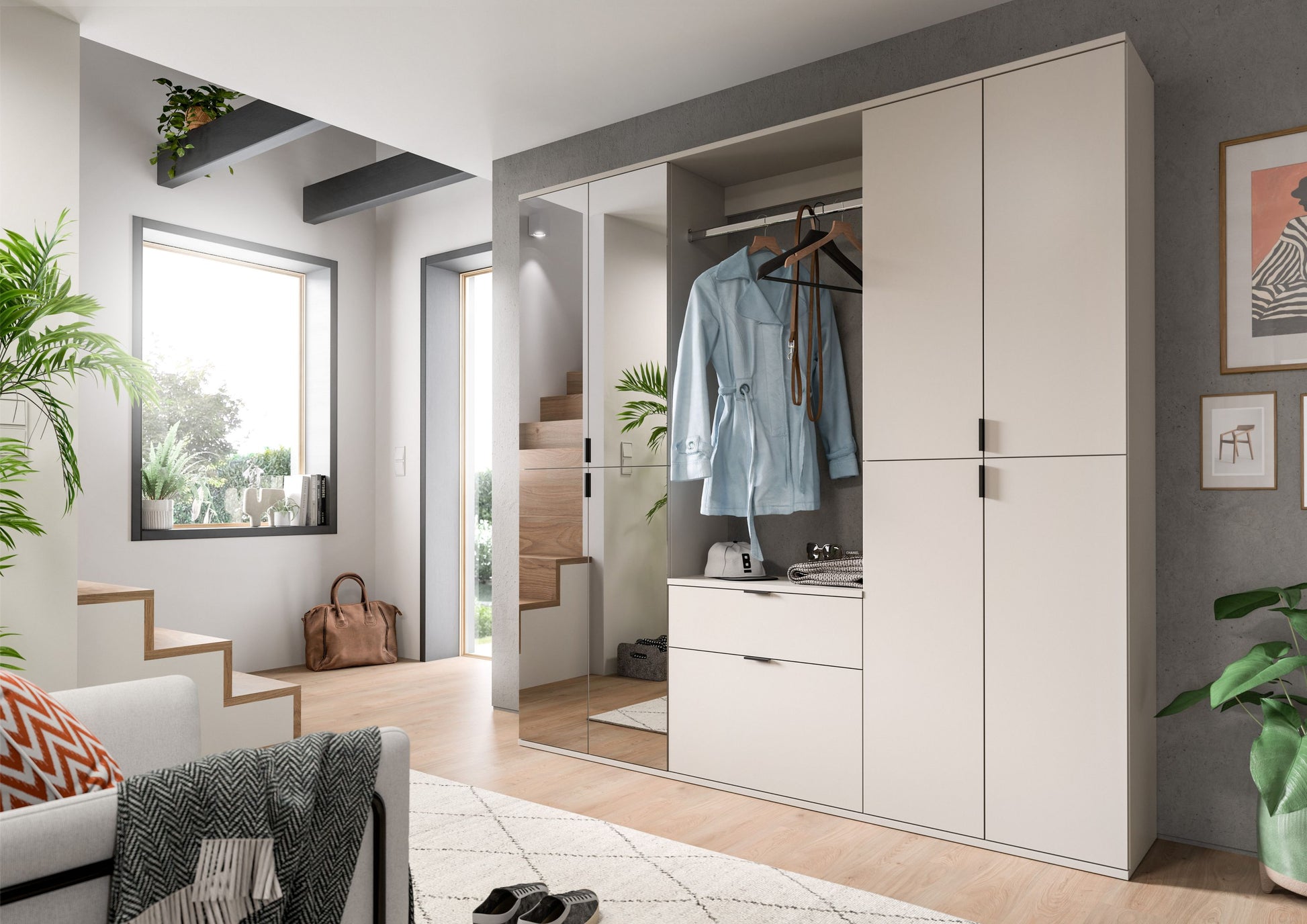 Garderobenschrank-Set mit weißen Türen, Innenfach mit Kleidung und Schuhbereich