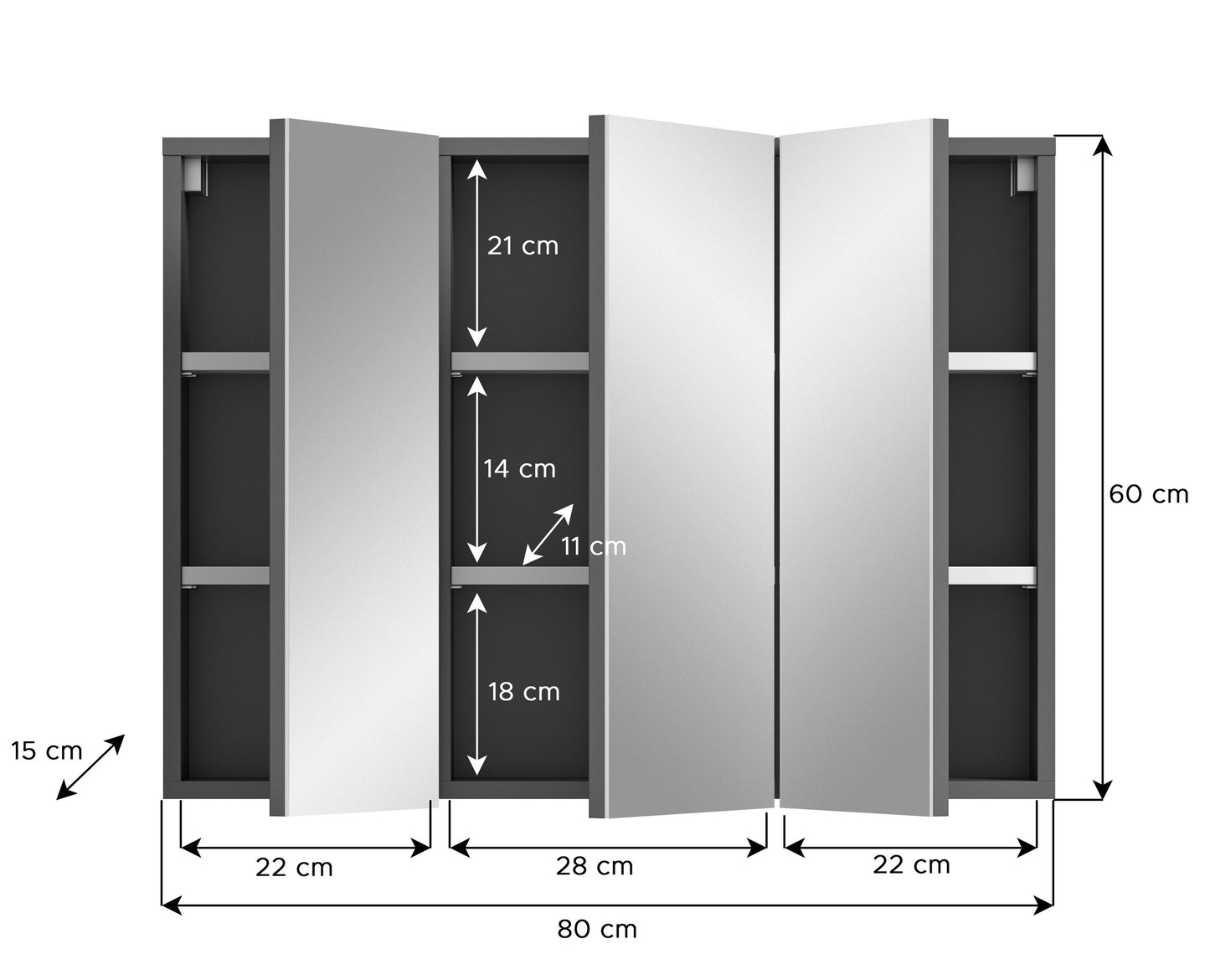 Homes & Jones Badspiegelschrank, 80 cm breit, geöffnet, Regalfächer mit Einlegeböden