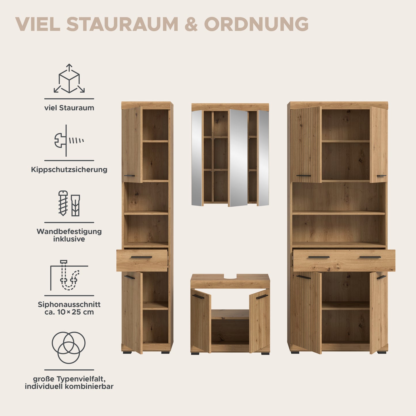 Badezimmerschrank-Set Holzoptik mit offenen Fächern und Spiegelfach, 4-tlg.