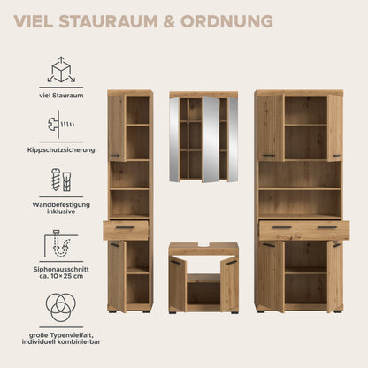 Badezimmerschrank-Set Holzoptik mit offenen Fächern und Spiegelfach, 4-tlg.