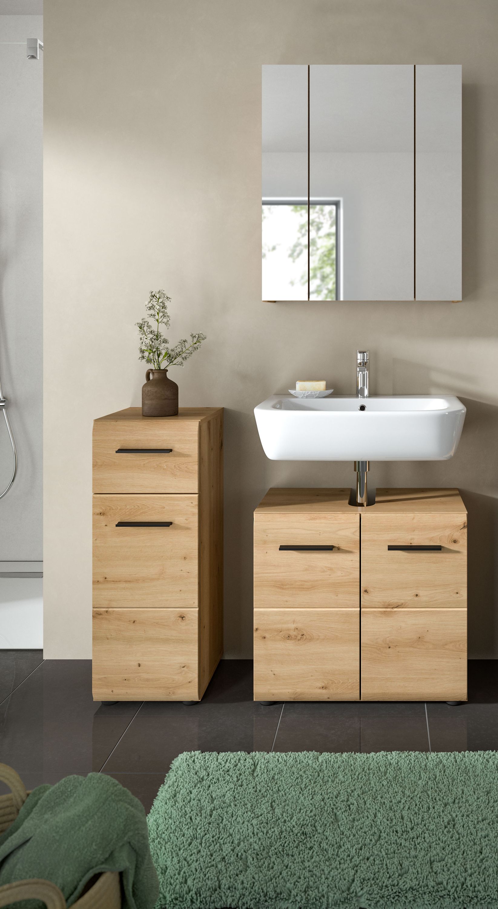 Badmöbel-Set mit Spiegeloberschrank, Waschbecken, Schubladenschrank und Hochschrank, helles Holz