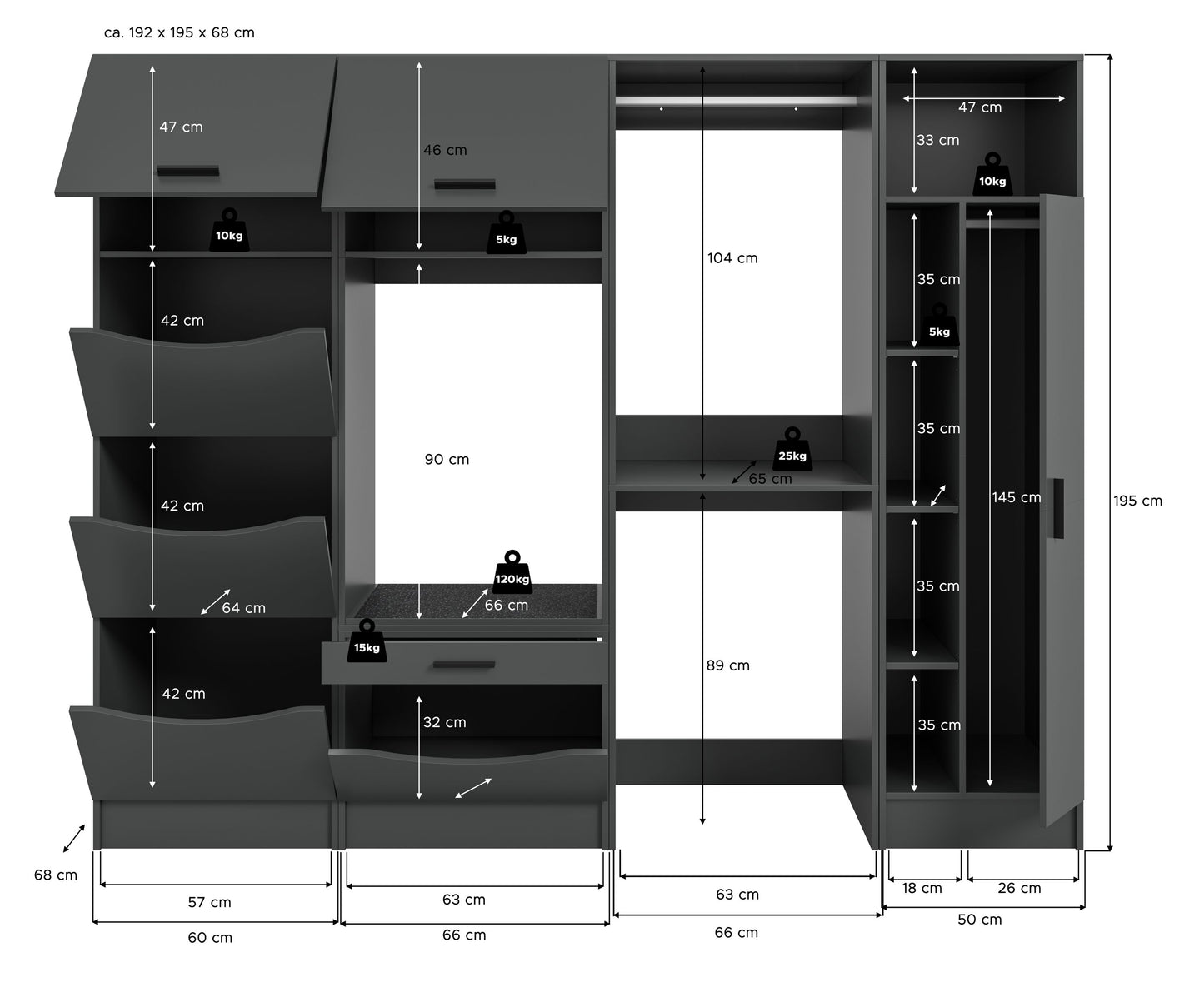 Homes & Jones Waschmaschinenschrank-Set (4-tlg.) mit Maßen, links Fächer, rechts Regaleinsatz