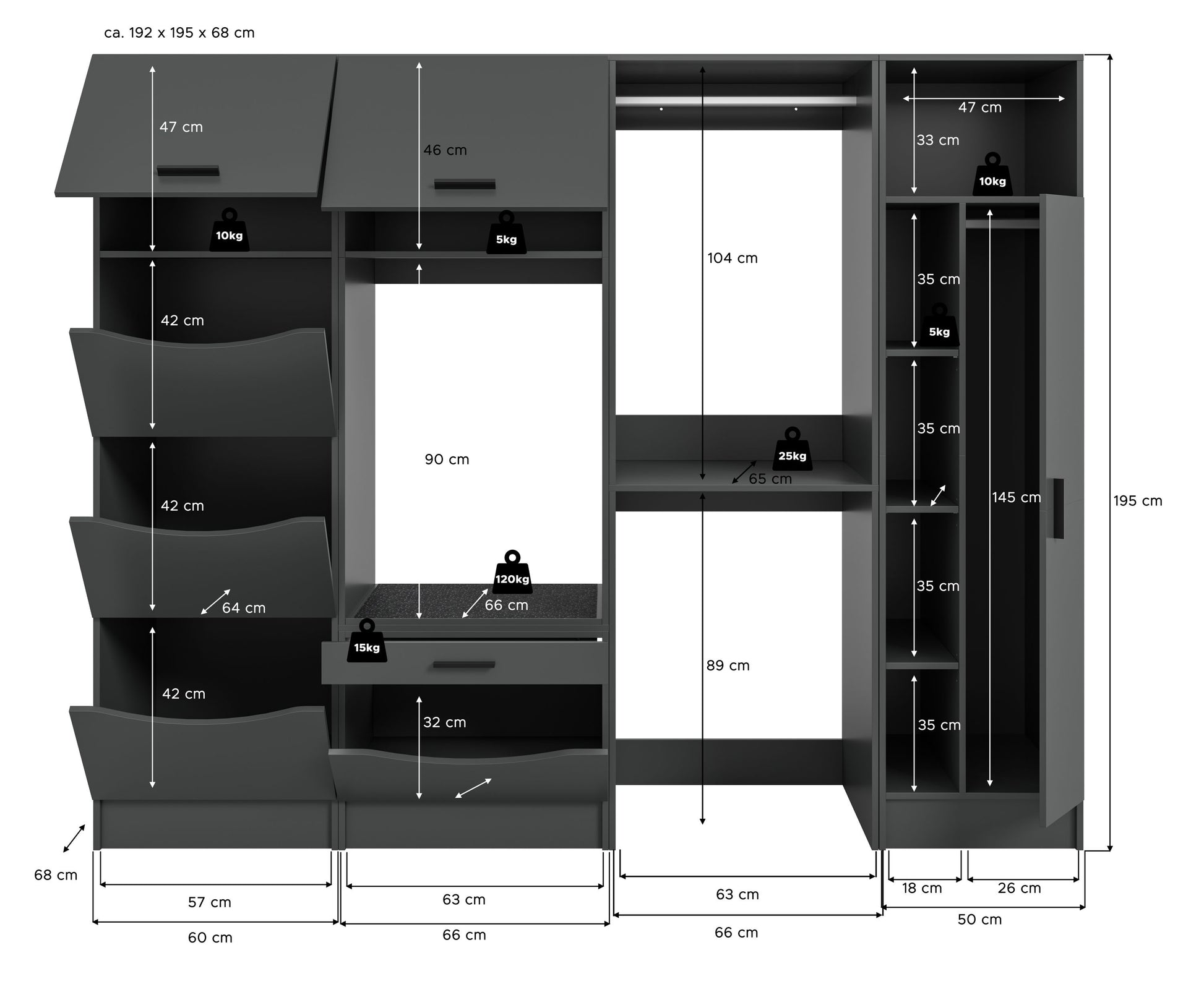 Homes & Jones Waschmaschinenschrank-Set (4-tlg.) mit Maßen, links Fächer, rechts Regaleinsatz