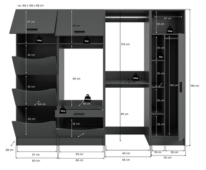 Homes & Jones Waschmaschinenschrank-Set (4-tlg.) mit Maßen, links Fächer, rechts Regaleinsatz