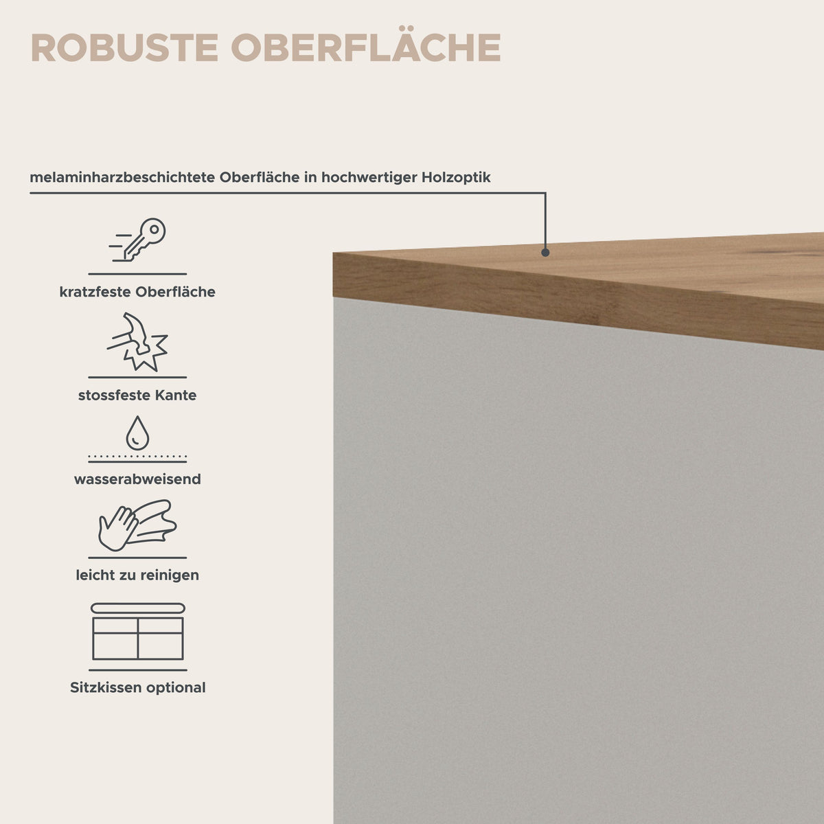 Garderobenset-Oberfläche: melaminharzbeschichtete Arbeitsplatte, kratzfest und wasserabweisend